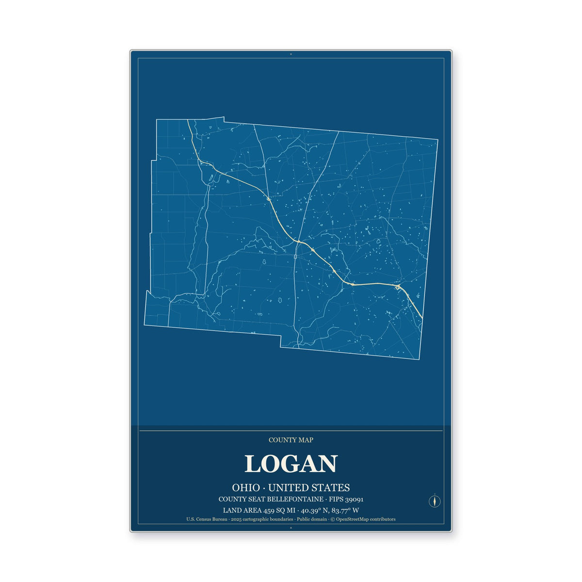Logan County, Ohio Map Aluminum Sign in Harbor Cobalt style