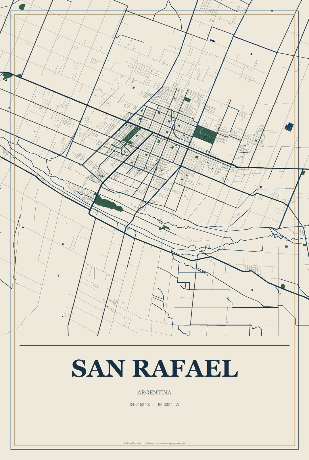 San Rafael, Argentina City Map Aluminum Sign in Coastal Cutout style