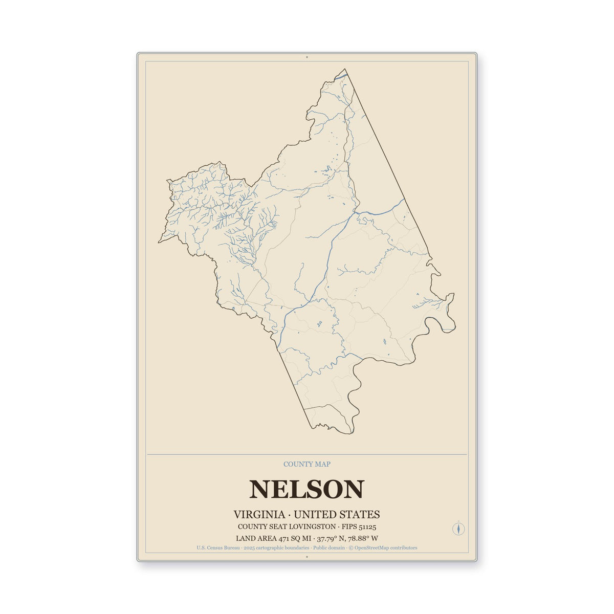Nelson County, Virginia Map Aluminum Sign in Heritage Nautical style
