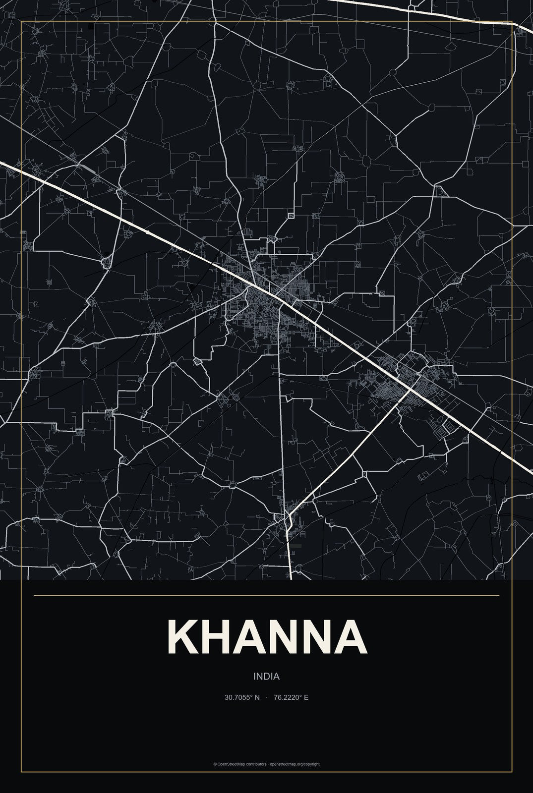 Khanna, India City Map Aluminum Sign in Metropolitan Noir style
