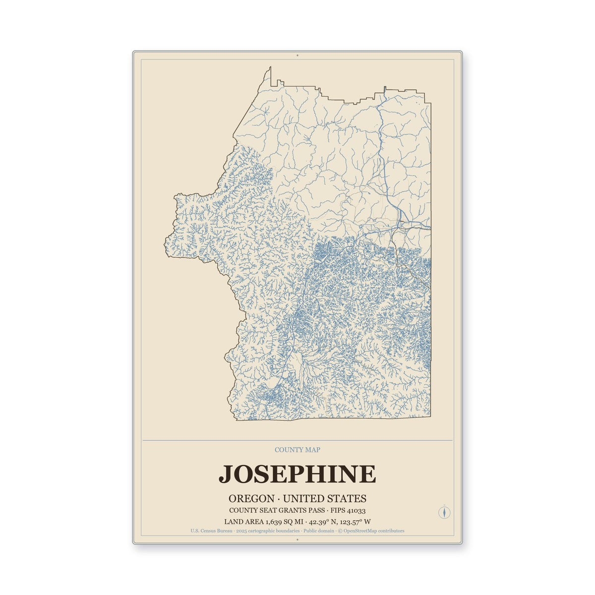 Josephine County, Oregon Map Aluminum Sign in Heritage Nautical style