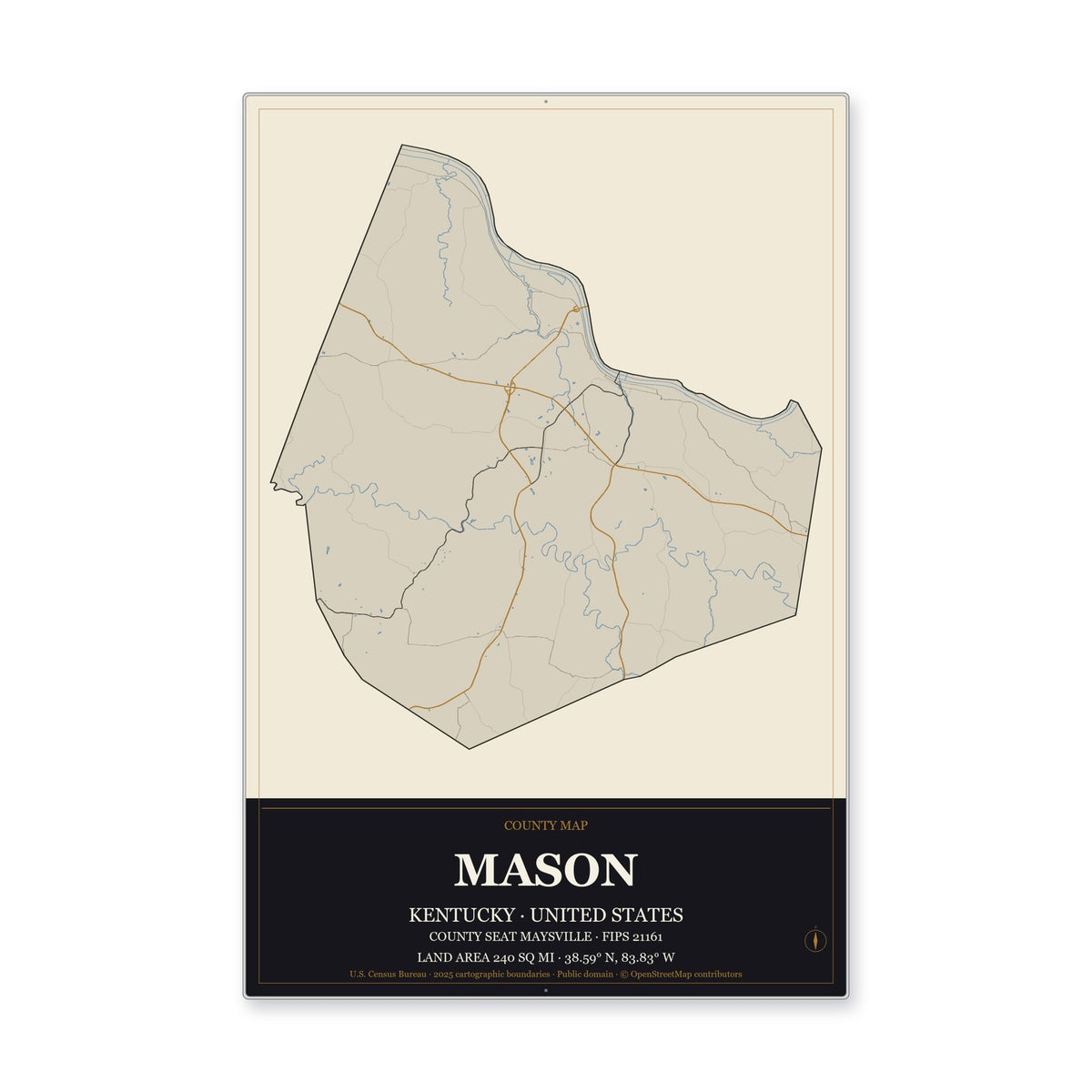 Mason County, Kentucky Map Aluminum Sign in Museum Plaque style