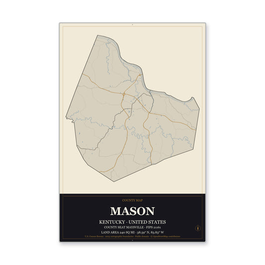Mason County, Kentucky Map Aluminum Sign in Museum Plaque style
