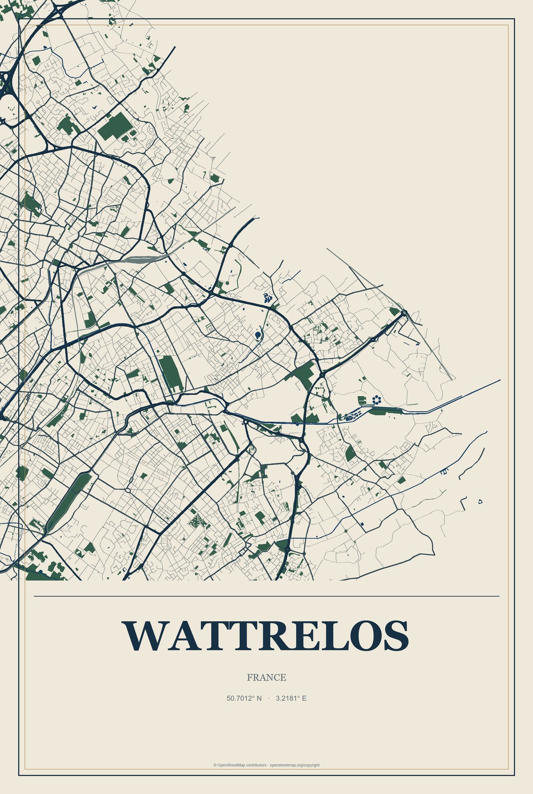 Wattrelos, France City Map Aluminum Sign in Coastal Cutout style