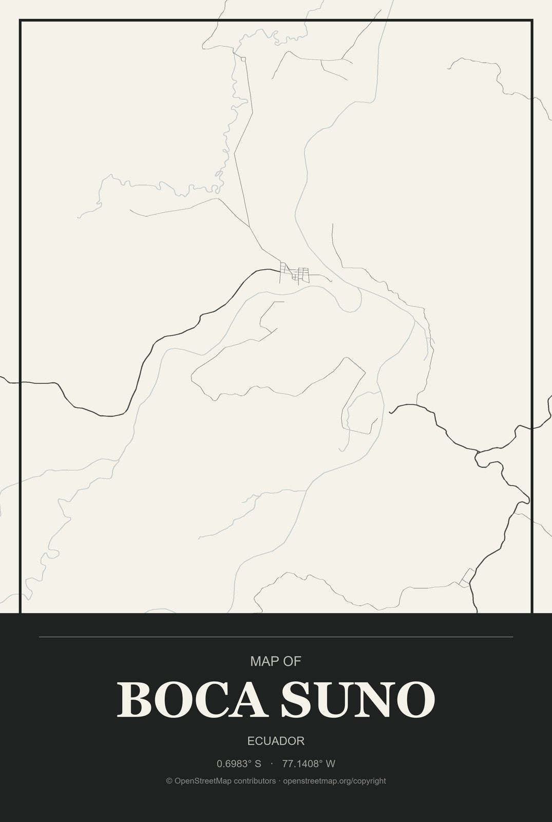 Boca Suno, Ecuador City Map Aluminum Sign in Museum Plaque style