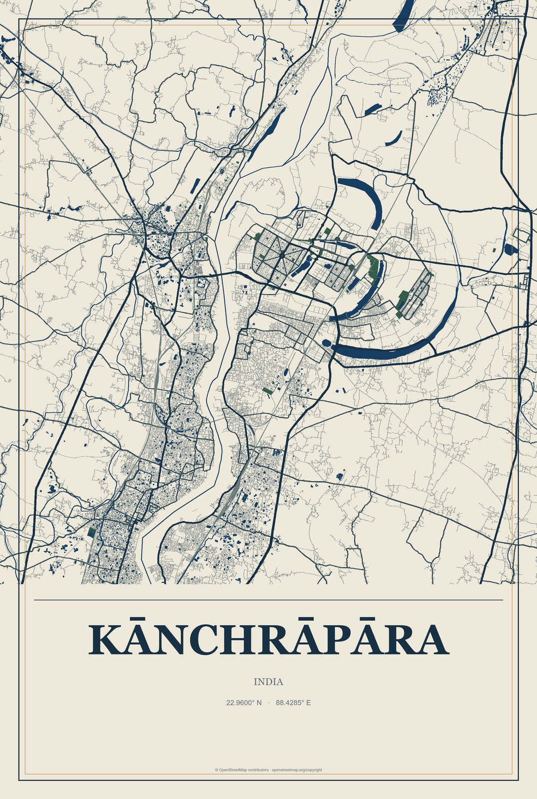 Kānchrāpāra, India City Map Aluminum Sign in Coastal Cutout style