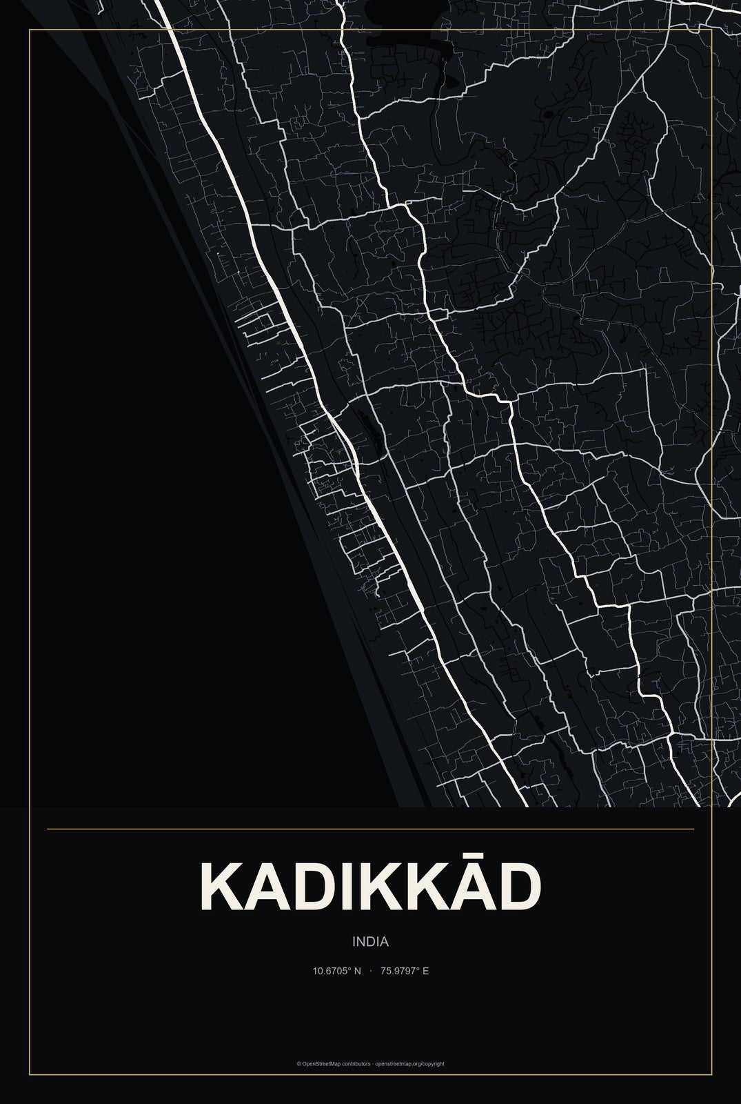 Kadikkād, India City Map Aluminum Sign in Metropolitan Noir style