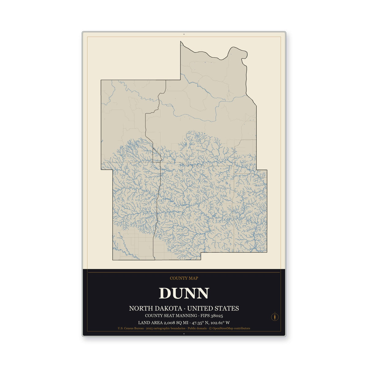 Dunn County, North Dakota Map Aluminum Sign in Museum Plaque style
