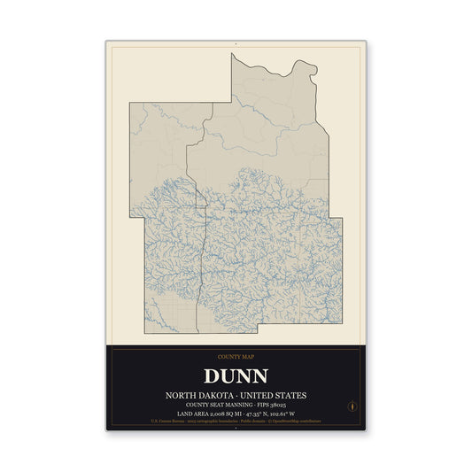 Dunn County, North Dakota Map Aluminum Sign in Museum Plaque style