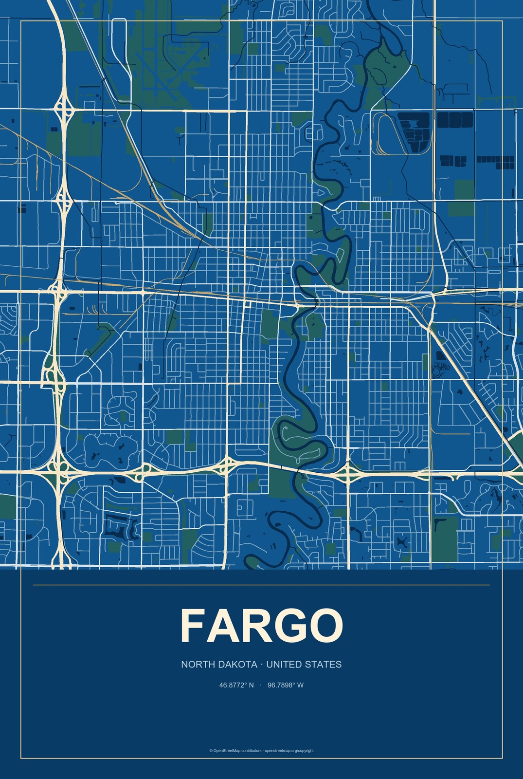 Fargo, North Dakota City Map Aluminum Sign in Harbor Cobalt style