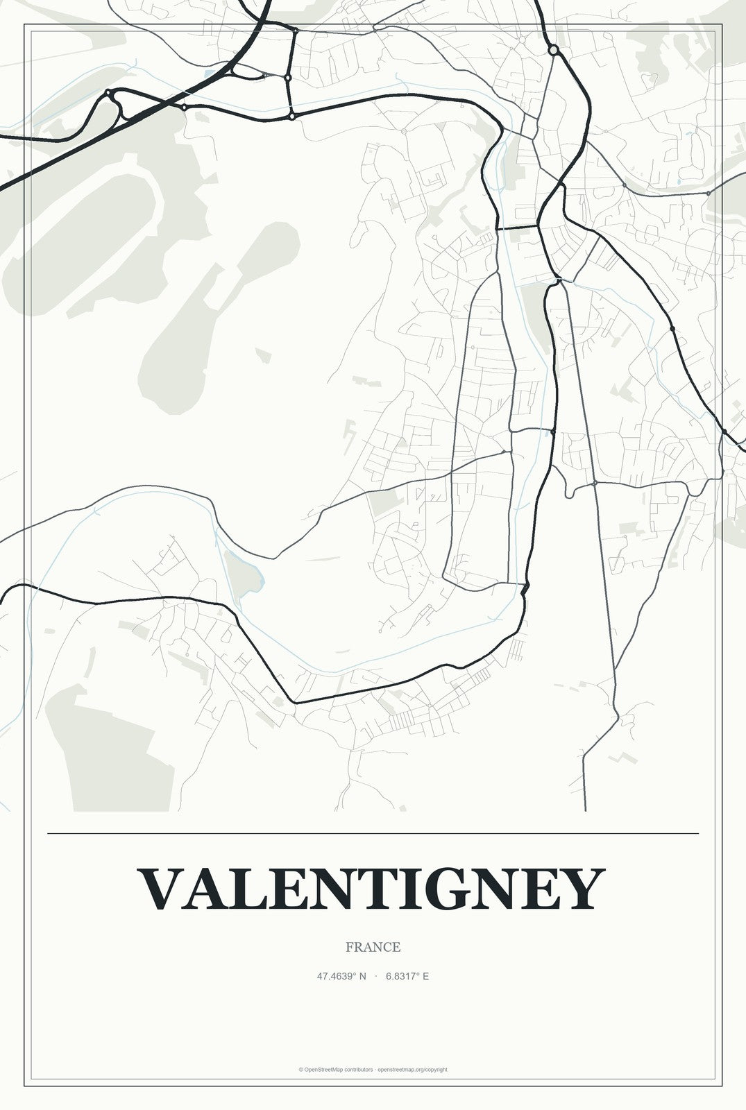 Valentigney, France City Map Aluminum Sign in Gallery Air style