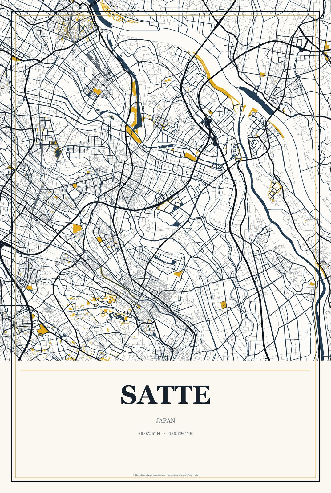 Satte, Japan City Map Aluminum Sign in Citrine Modern style