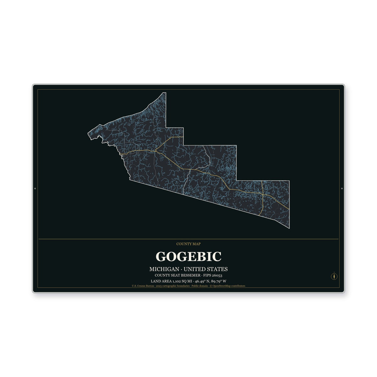 Gogebic County, Michigan Map Aluminum Sign in Metropolitan Noir style