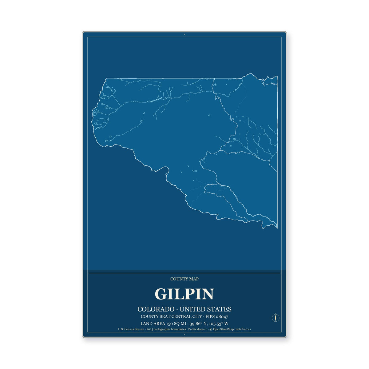 Gilpin County, Colorado Map Aluminum Sign in Harbor Cobalt style
