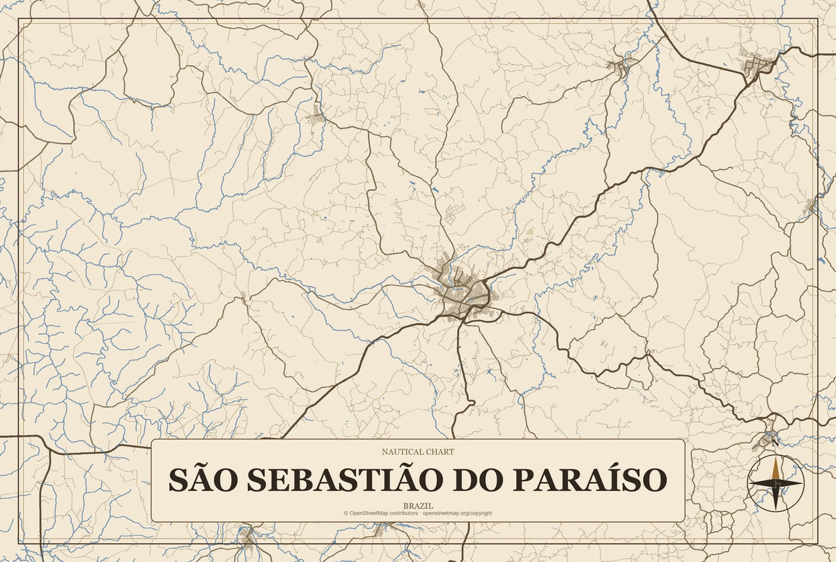 São Sebastião do Paraíso, Brazil City Map Aluminum Sign in Heritage Nautical style