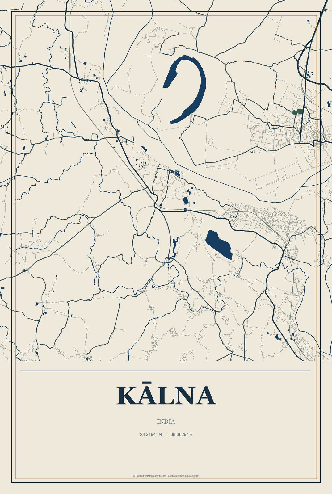 Kālna, India City Map Aluminum Sign in Coastal Cutout style