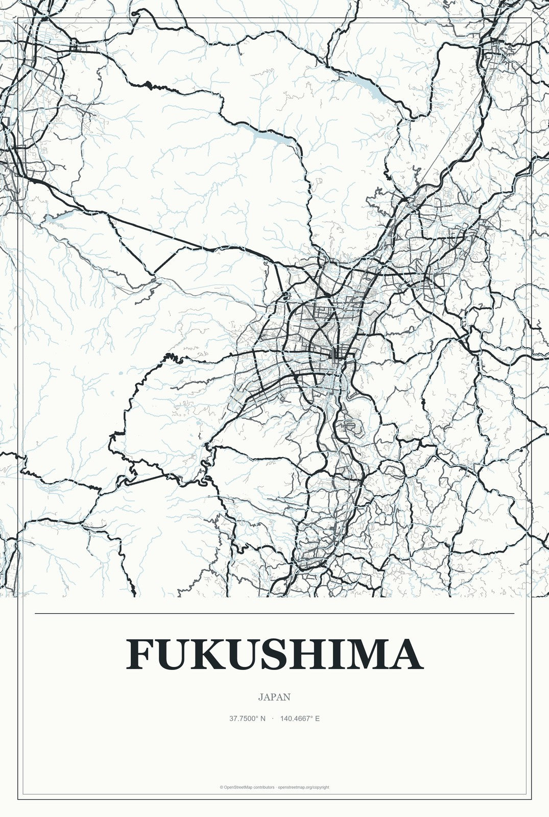 Fukushima, Japan City Map Aluminum Sign in Gallery Air style