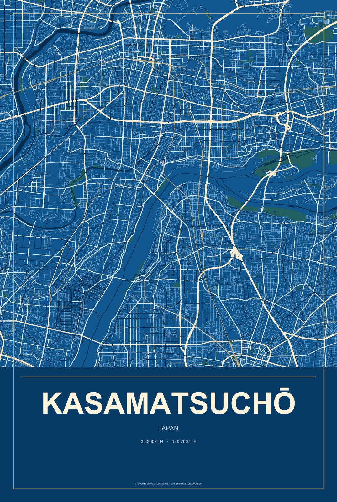 Kasamatsuchō, Japan City Map Aluminum Sign in Harbor Cobalt style