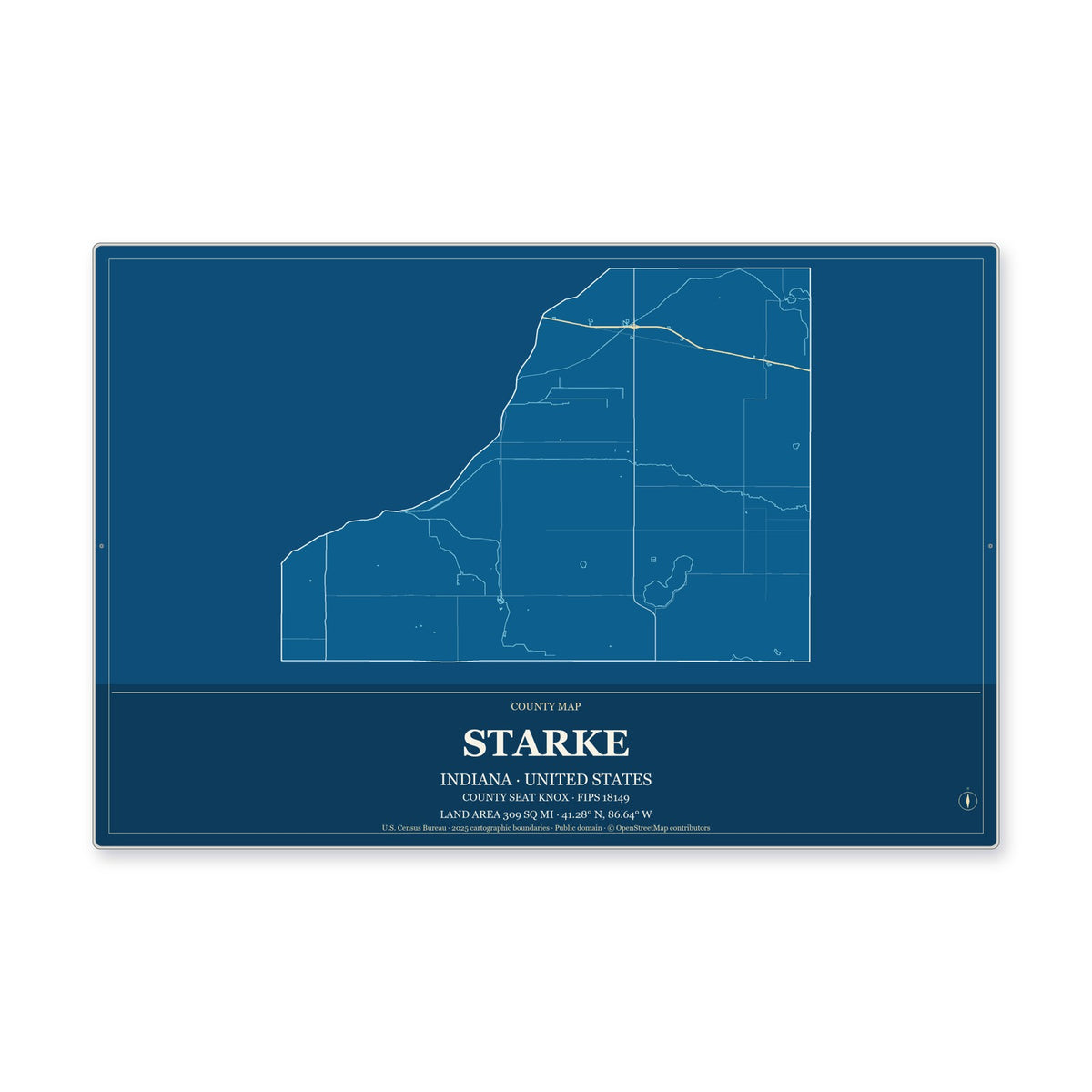 Starke County, Indiana Map Aluminum Sign in Harbor Cobalt style
