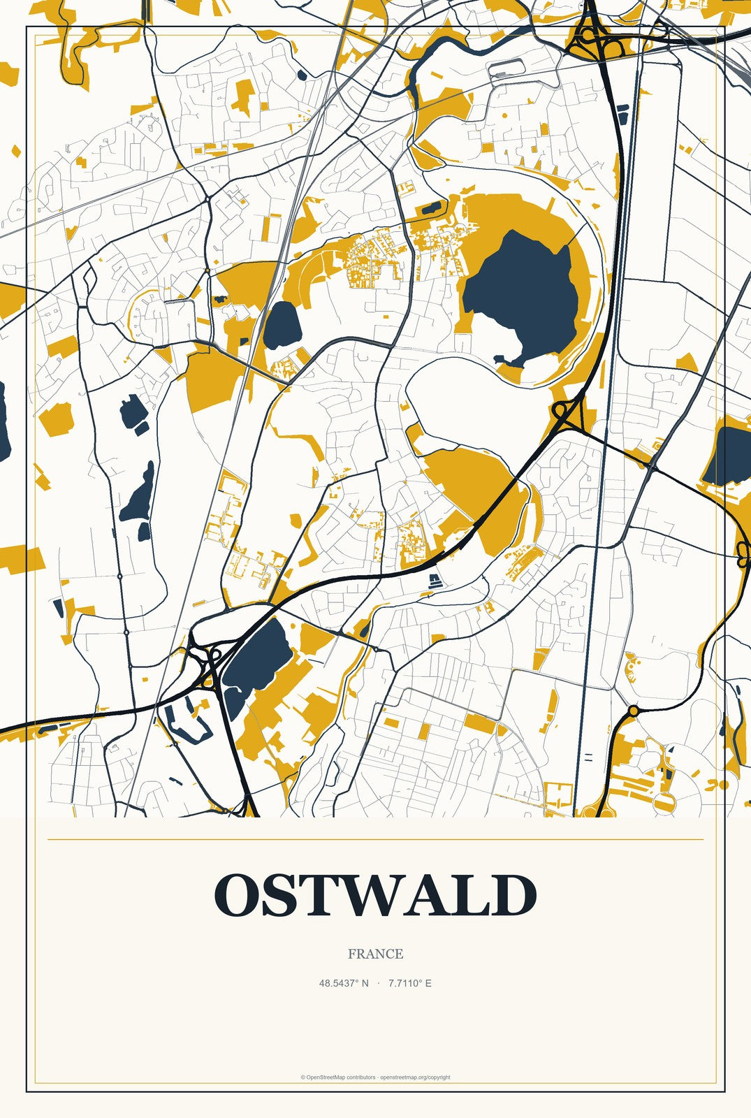 Ostwald, France City Map Aluminum Sign in Citrine Modern style