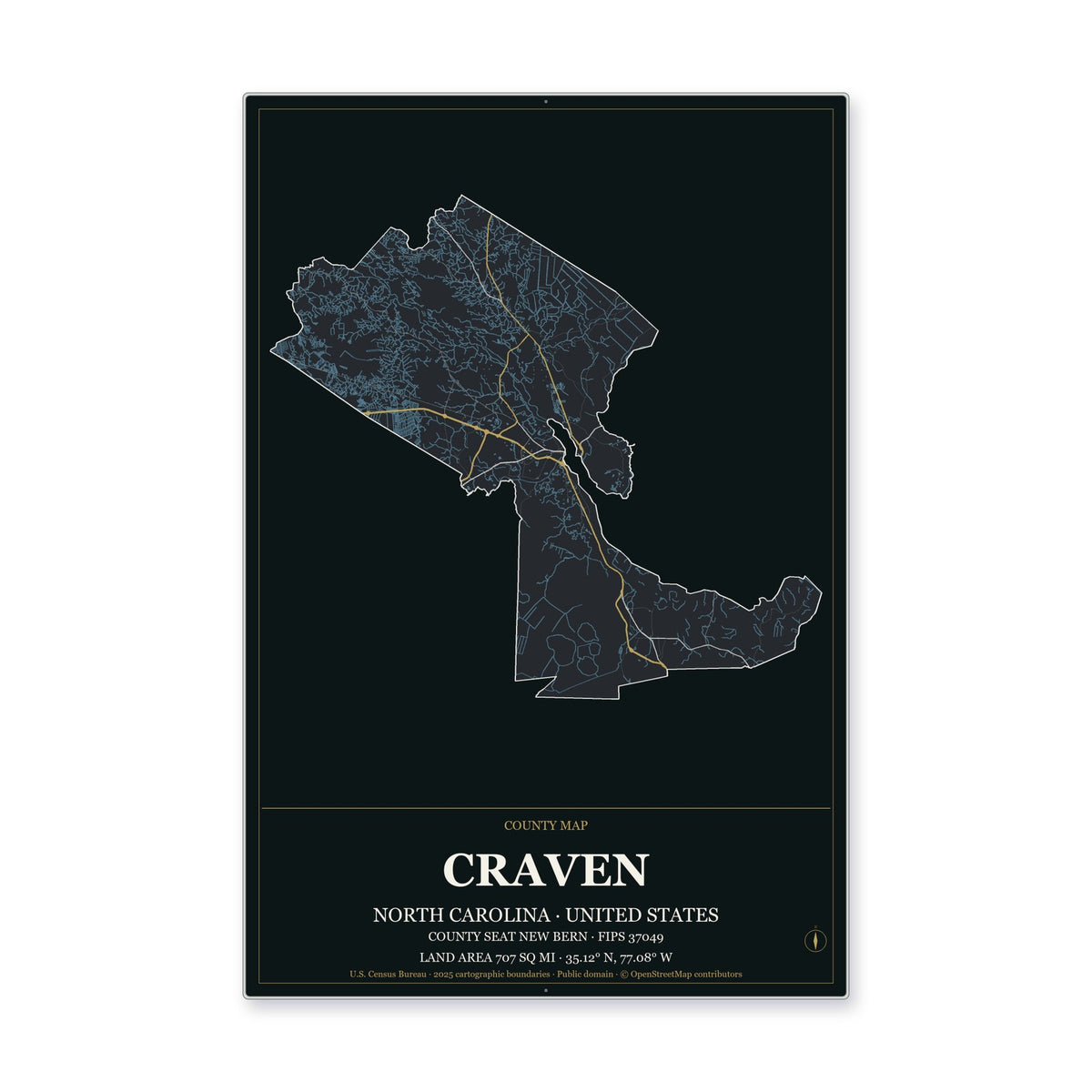 Craven County, North Carolina Map Aluminum Sign in Metropolitan Noir style