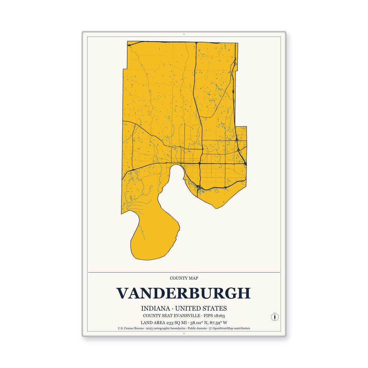 Vanderburgh County, Indiana Map Aluminum Sign in Citrine Modern style