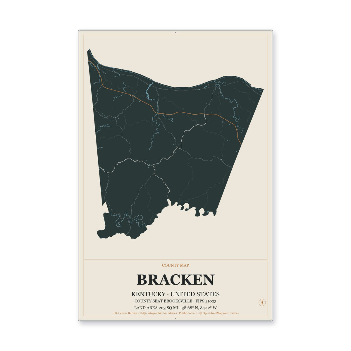Bracken County, Kentucky Map Aluminum Sign in Headline Atlas style