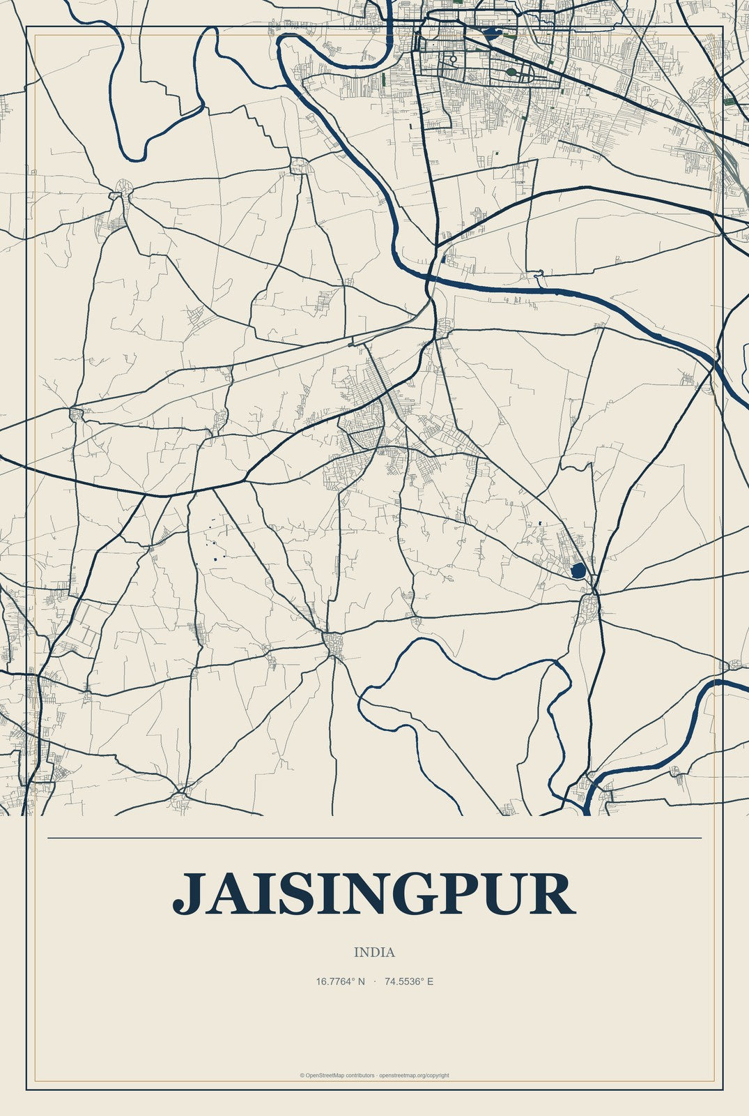 Jaisingpur, India City Map Aluminum Sign in Coastal Cutout style