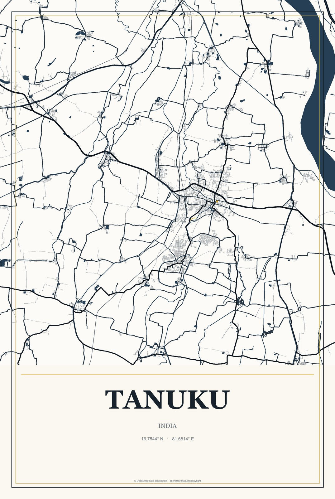 Tanuku, India City Map Aluminum Sign in Citrine Modern style
