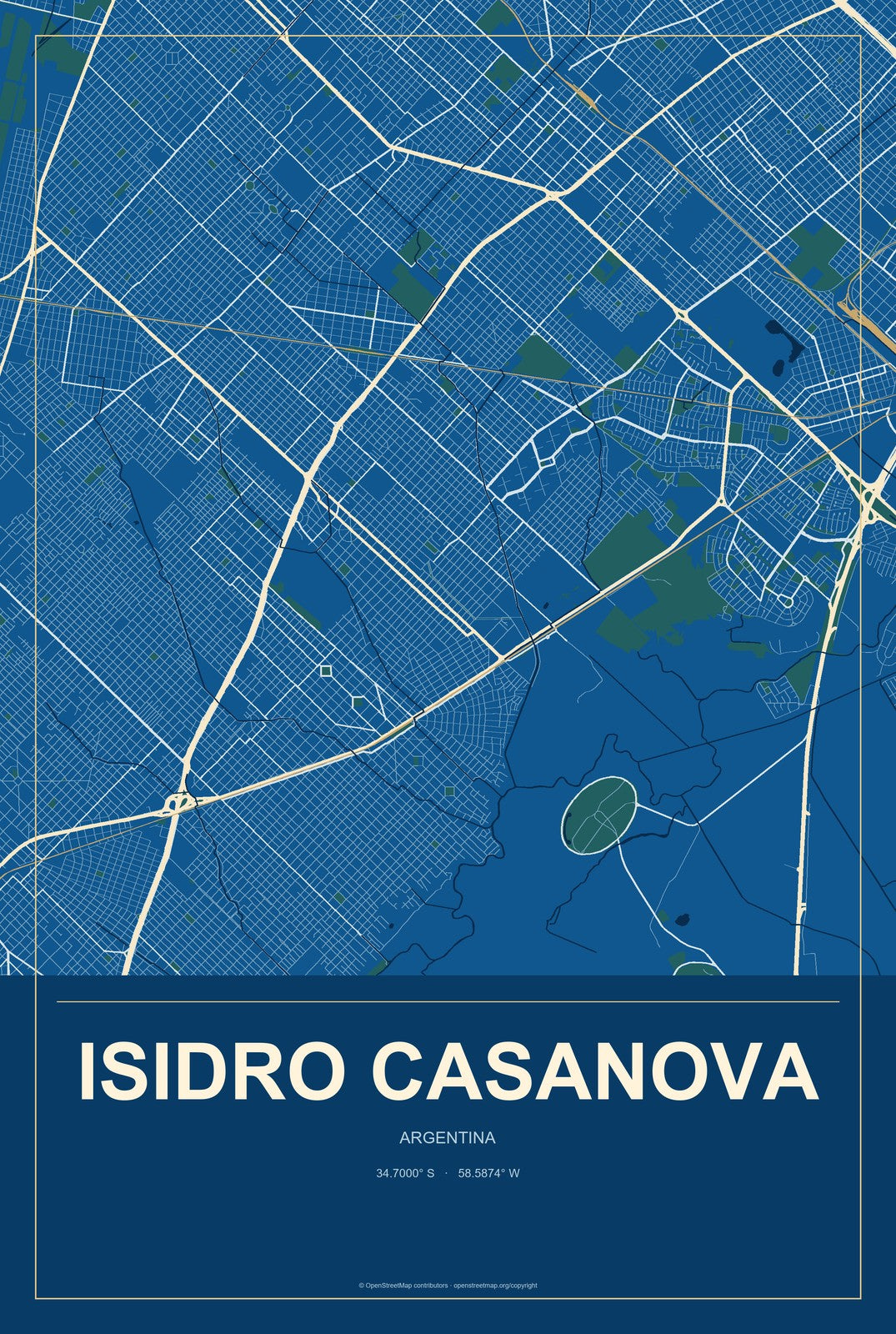 Isidro Casanova, Argentina City Map Aluminum Sign in Harbor Cobalt style