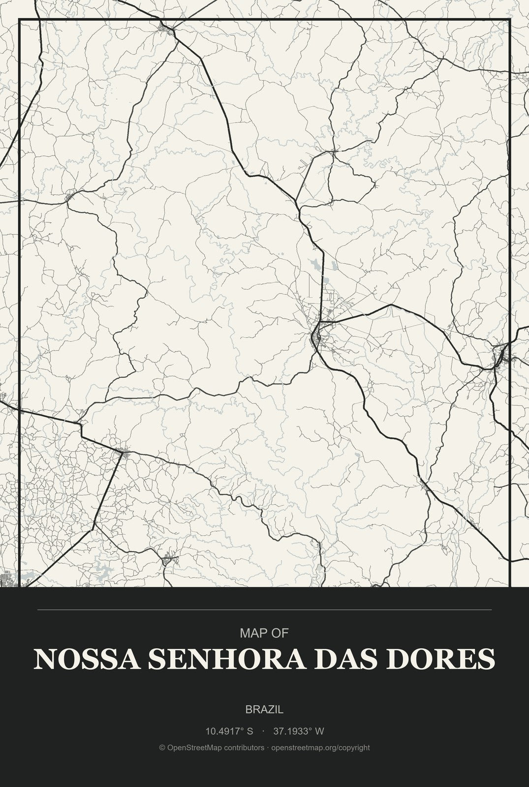 Nossa Senhora das Dores, Brazil City Map Aluminum Sign in Museum Plaque style
