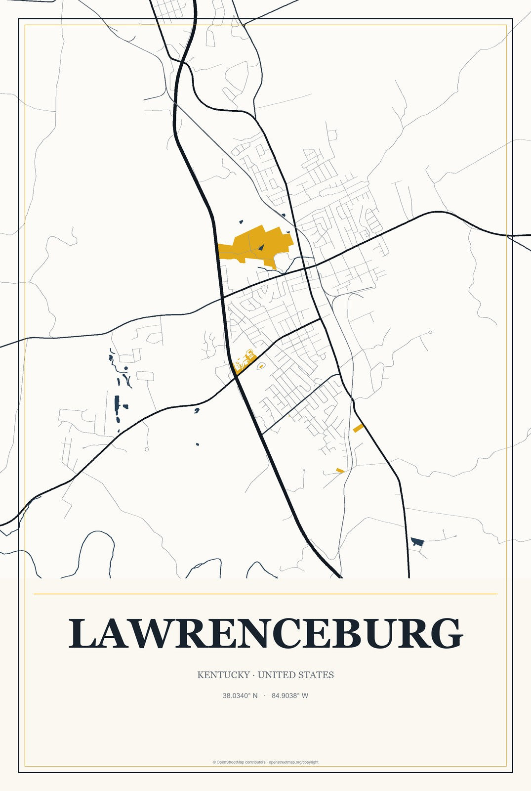 Lawrenceburg, Kentucky City Map Aluminum Sign in Citrine Modern style