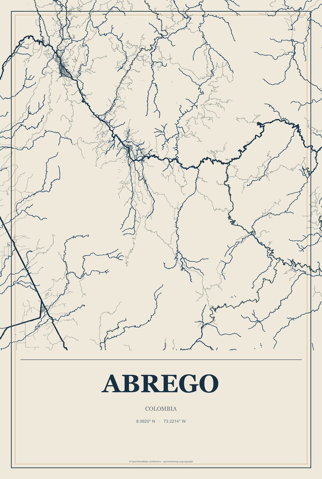 Abrego, Colombia City Map Aluminum Sign in Coastal Cutout style