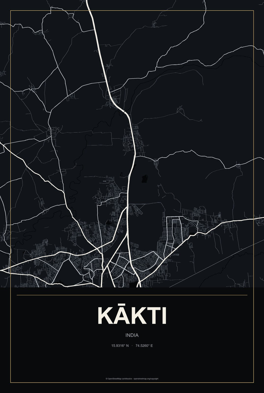 Kākti, India City Map Aluminum Sign in Metropolitan Noir style