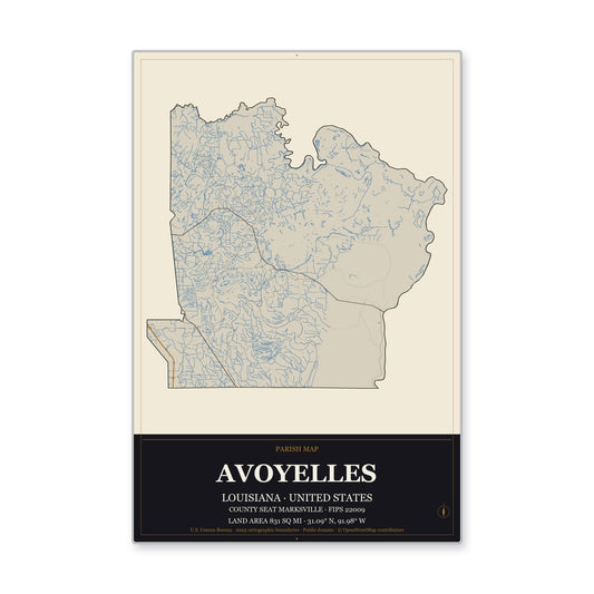 Avoyelles Parish, Louisiana Map Aluminum Sign in Museum Plaque style