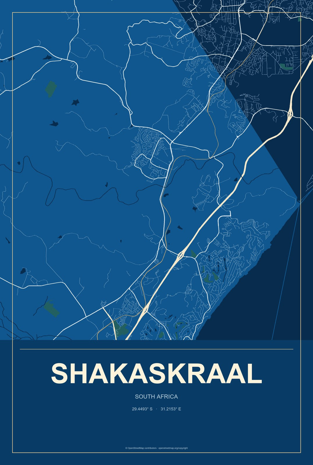 Shakaskraal, South Africa City Map Aluminum Sign in Harbor Cobalt style