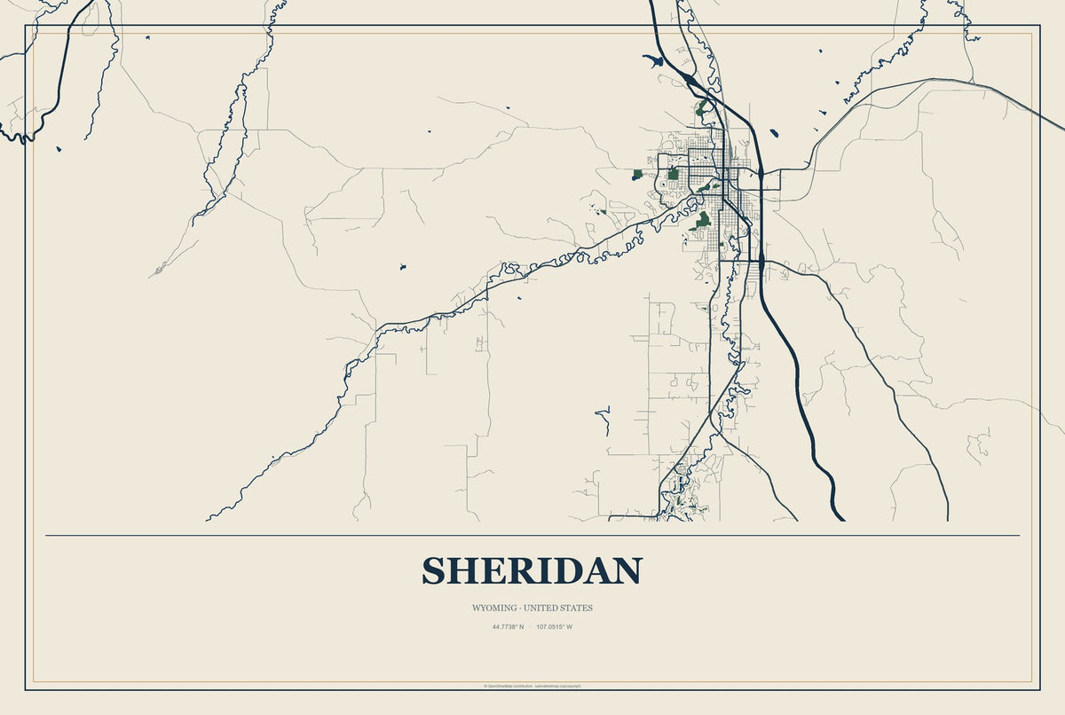 Sheridan, Wyoming City Map Aluminum Sign in Coastal Cutout style