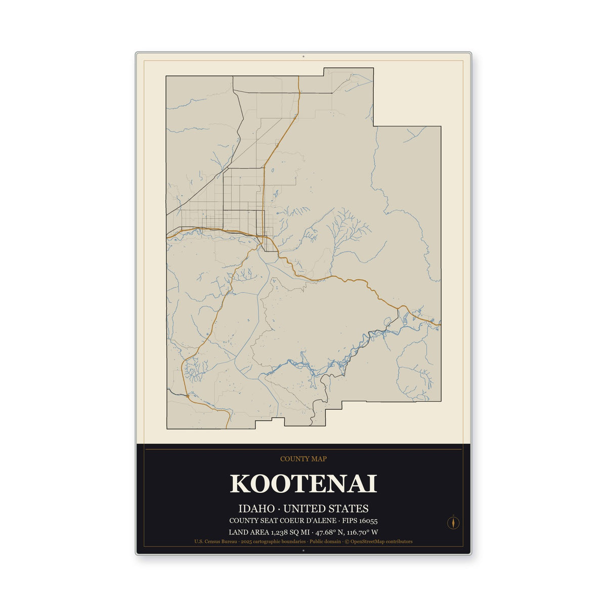 Kootenai County, Idaho Map Aluminum Sign in Museum Plaque style