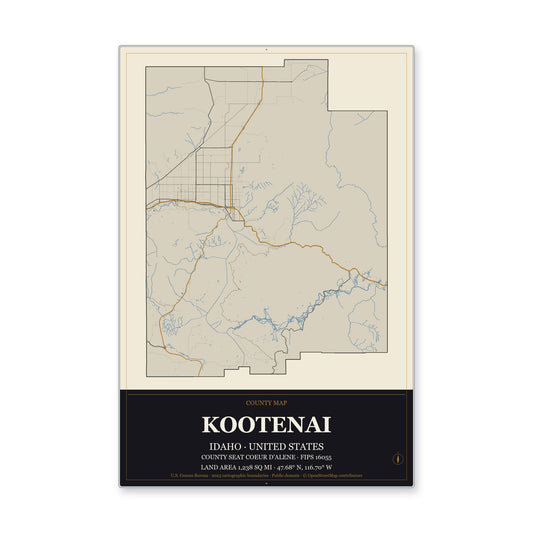 Kootenai County, Idaho Map Aluminum Sign in Museum Plaque style