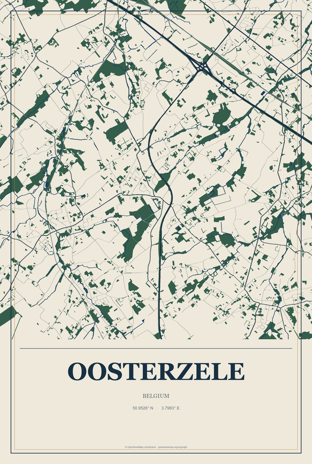 Oosterzele, Belgium City Map Aluminum Sign in Coastal Cutout style
