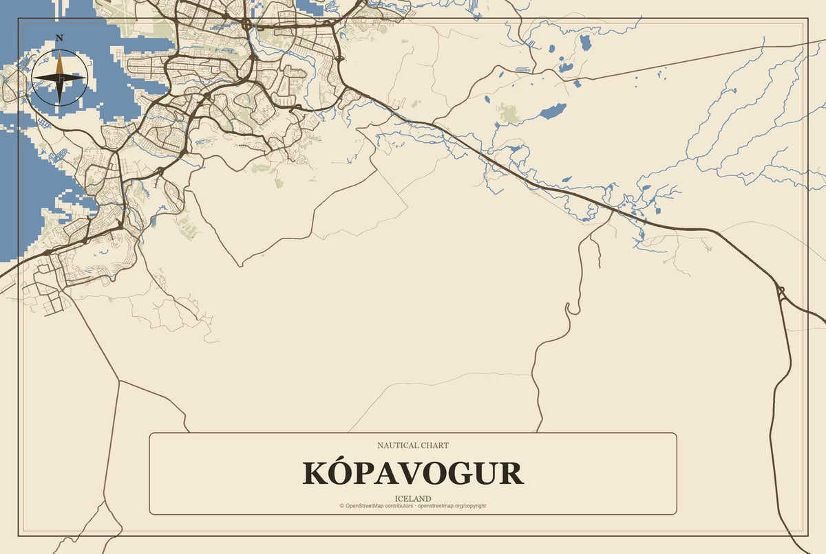 Kópavogur, Iceland City Map Aluminum Sign in Heritage Nautical style