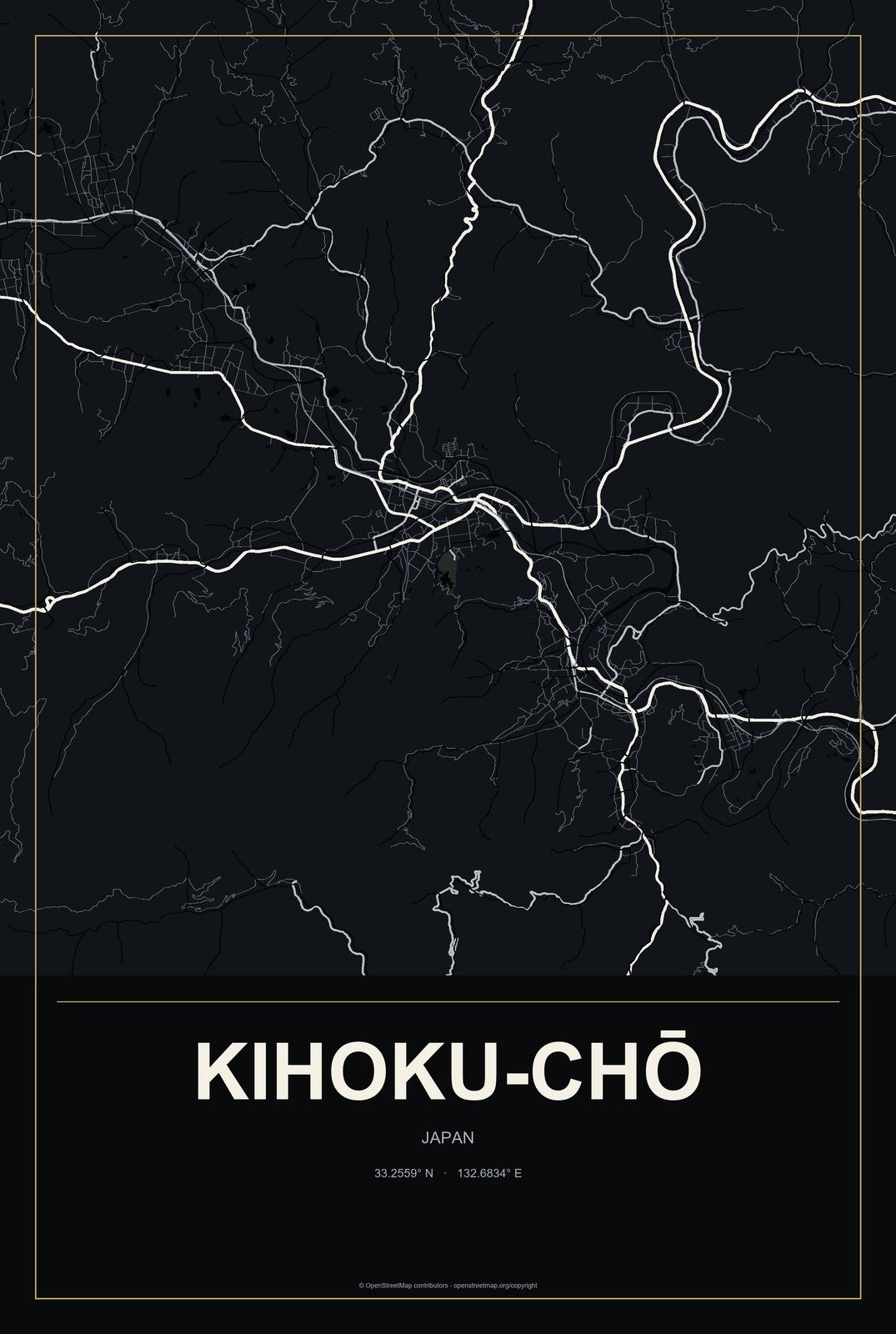 Kihoku-chō, Japan City Map Aluminum Sign in Metropolitan Noir style