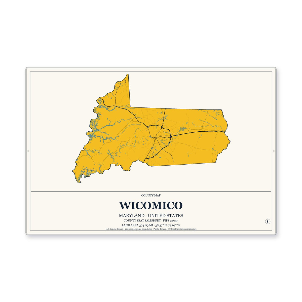 Wicomico County, Maryland Map Aluminum Sign in Citrine Modern style