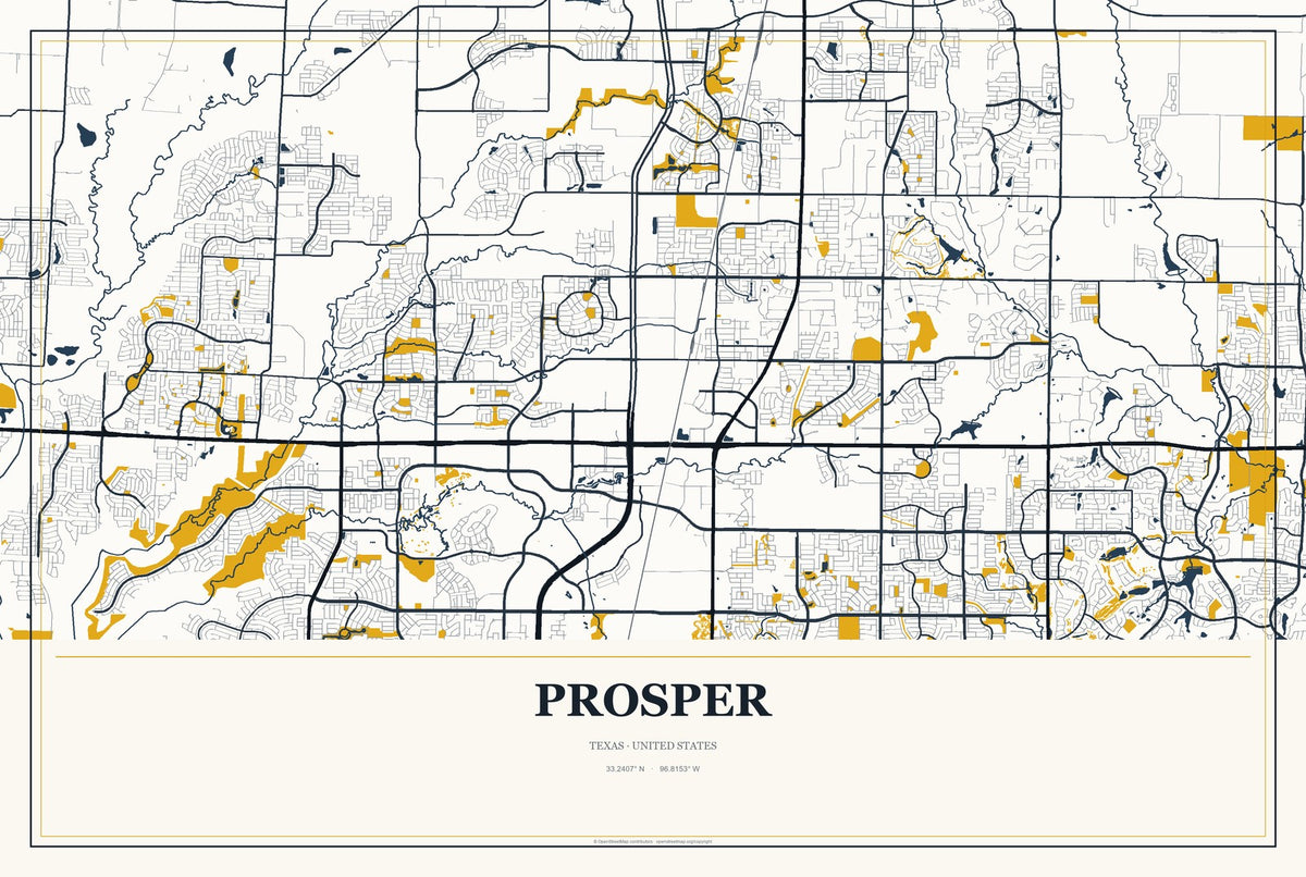 Prosper, Texas City Map Aluminum Sign in Citrine Modern style