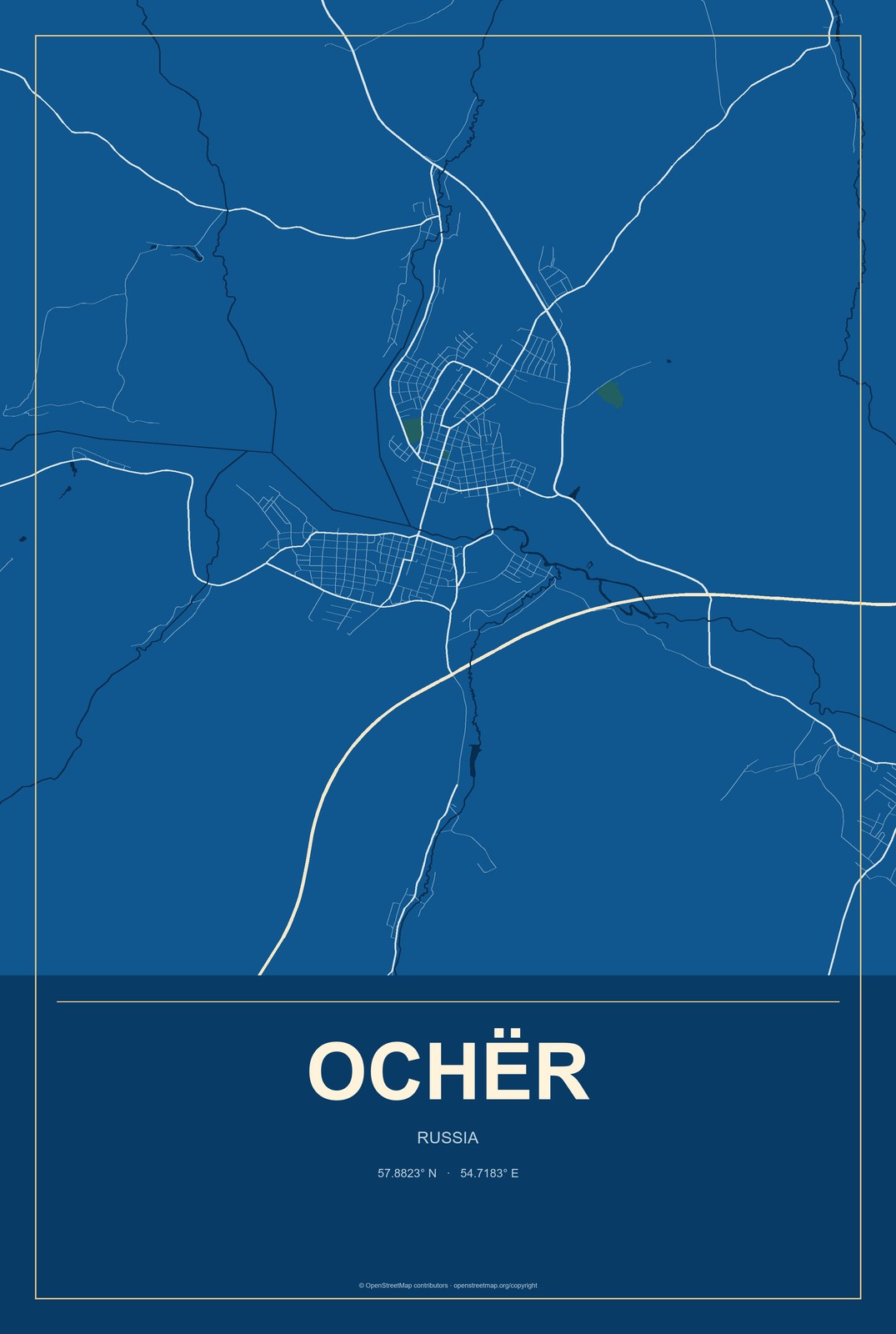 Ochër, Russia City Map Aluminum Sign in Harbor Cobalt style