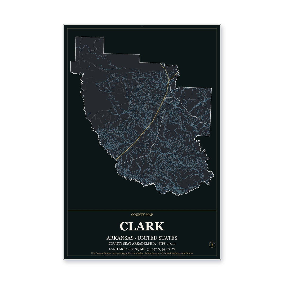 Clark County, Arkansas Map Aluminum Sign in Metropolitan Noir style