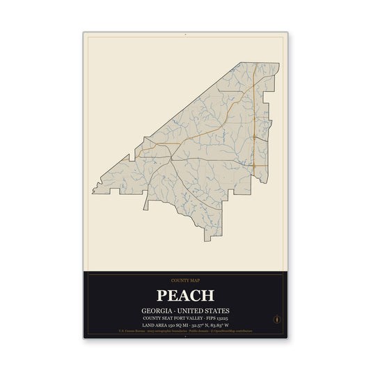 Peach County, Georgia Map Aluminum Sign in Museum Plaque style