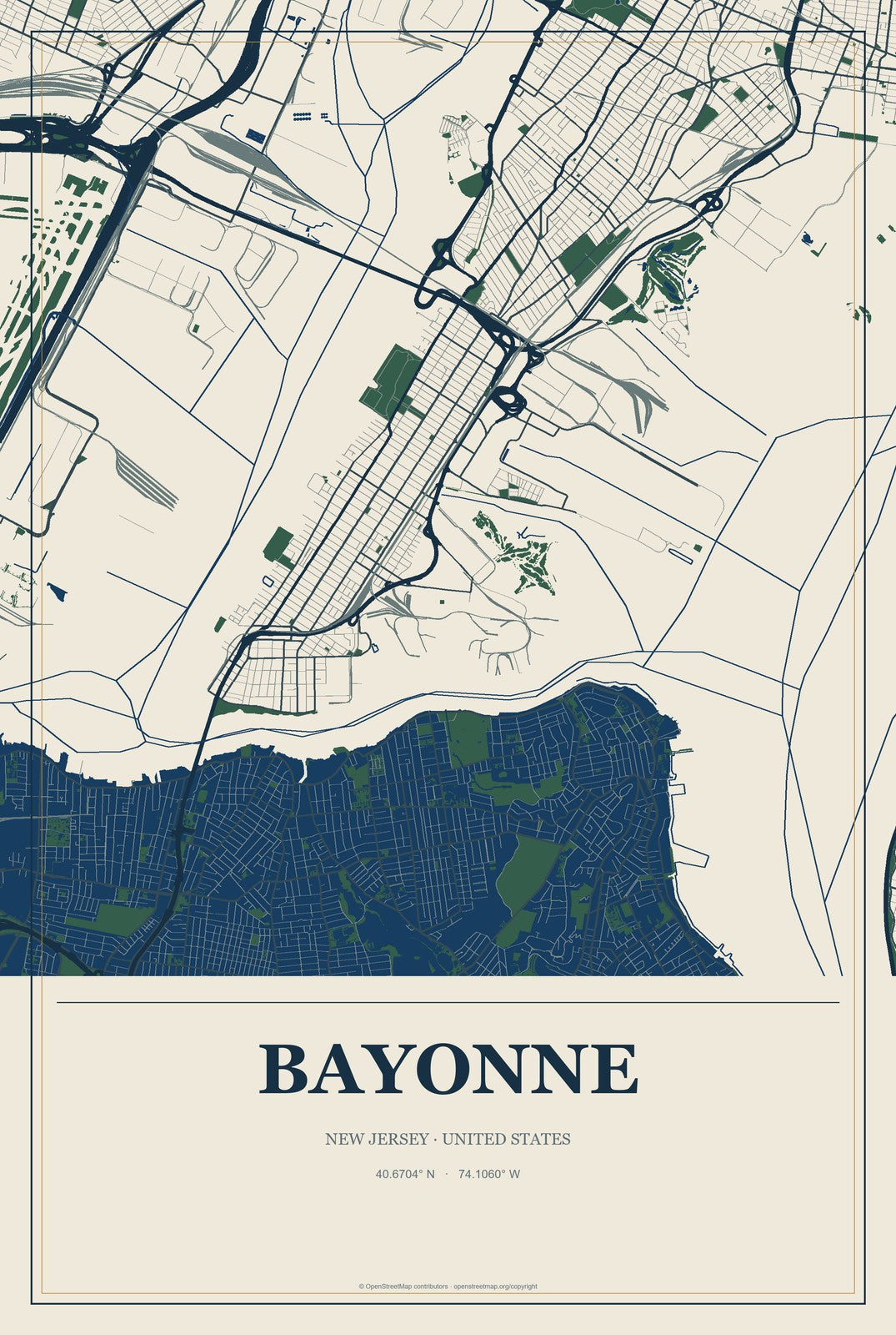 Bayonne, New Jersey City Map Aluminum Sign in Coastal Cutout style