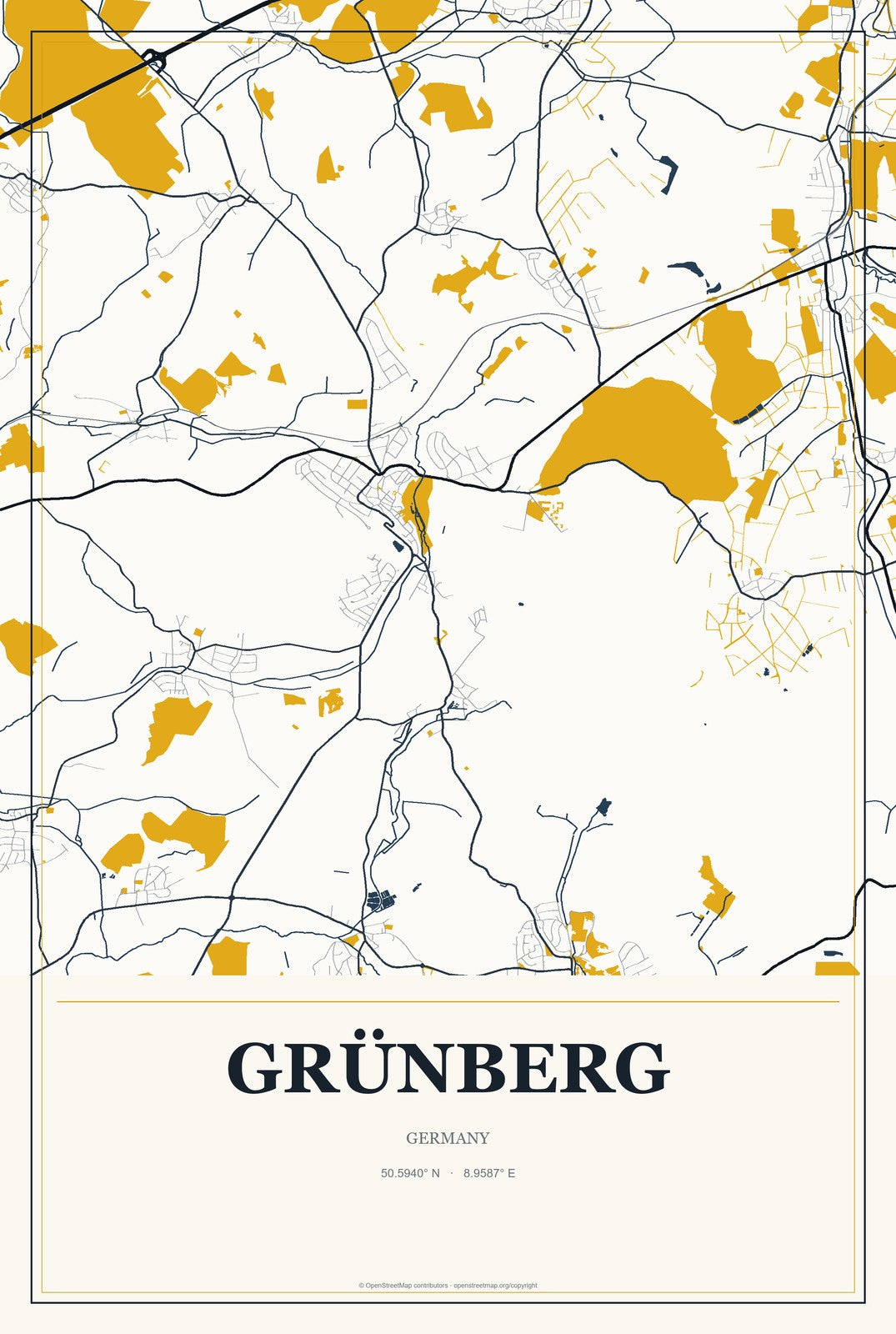 Grünberg, Germany City Map Aluminum Sign in Citrine Modern style