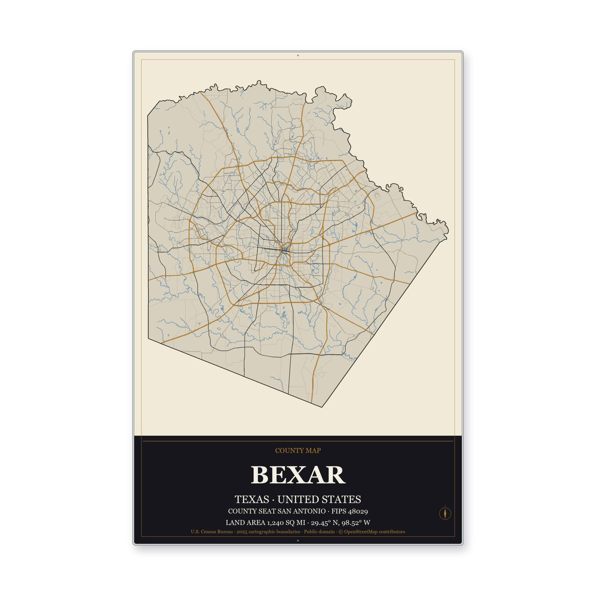 Bexar County, Texas Map Aluminum Sign in Museum Plaque style